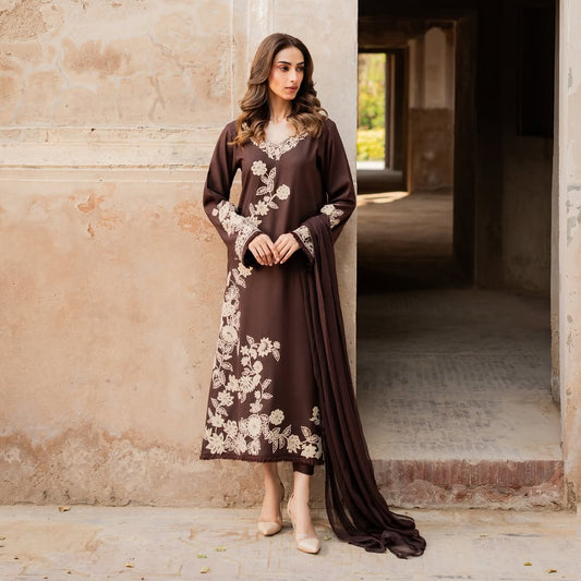 Brown Embroidered 3PCS