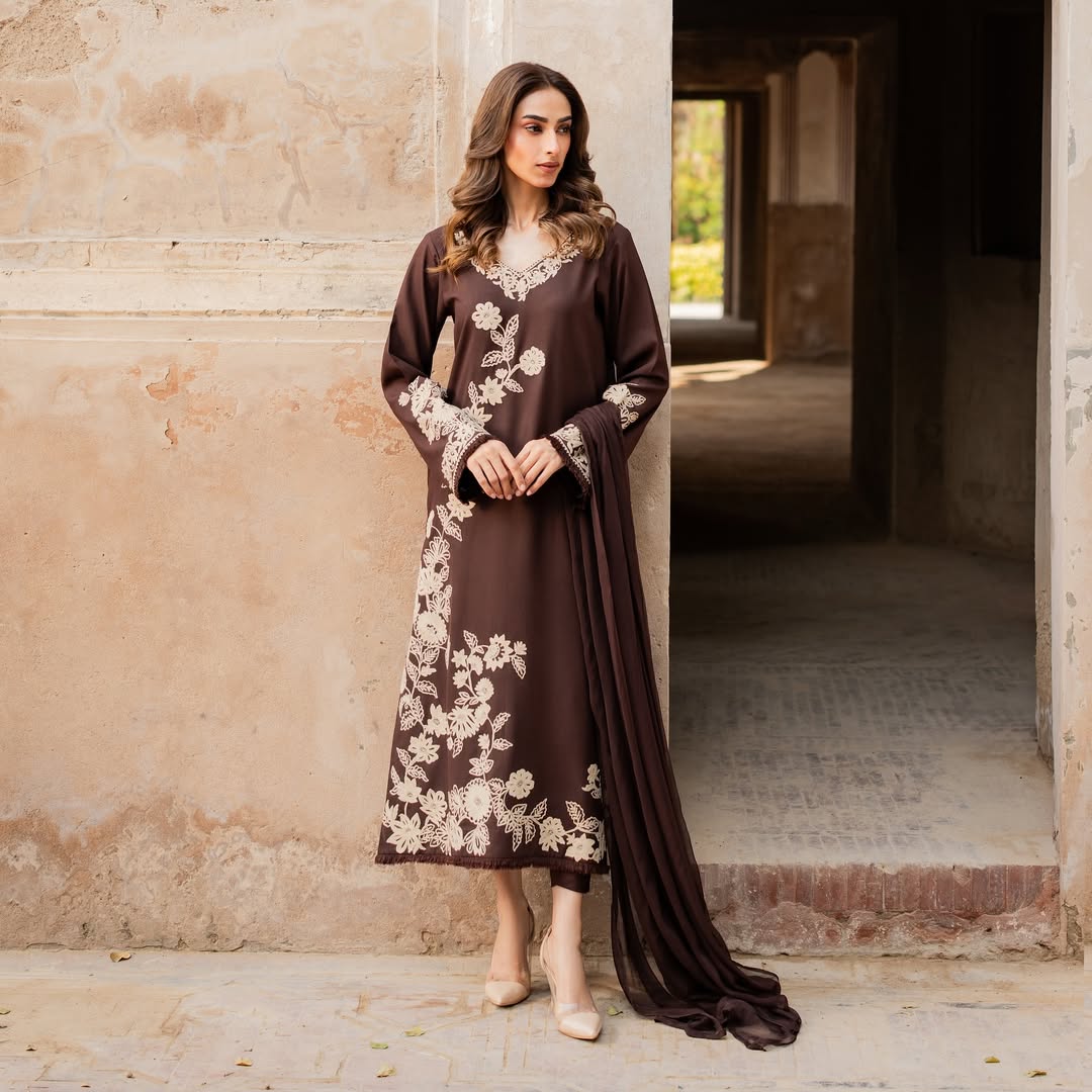 Brown Embroidered 3PCS